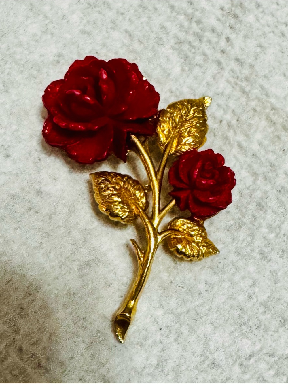 Vintage Mid Century Gold-Tone Red Rose Branch Brooch - Women's Jewelry